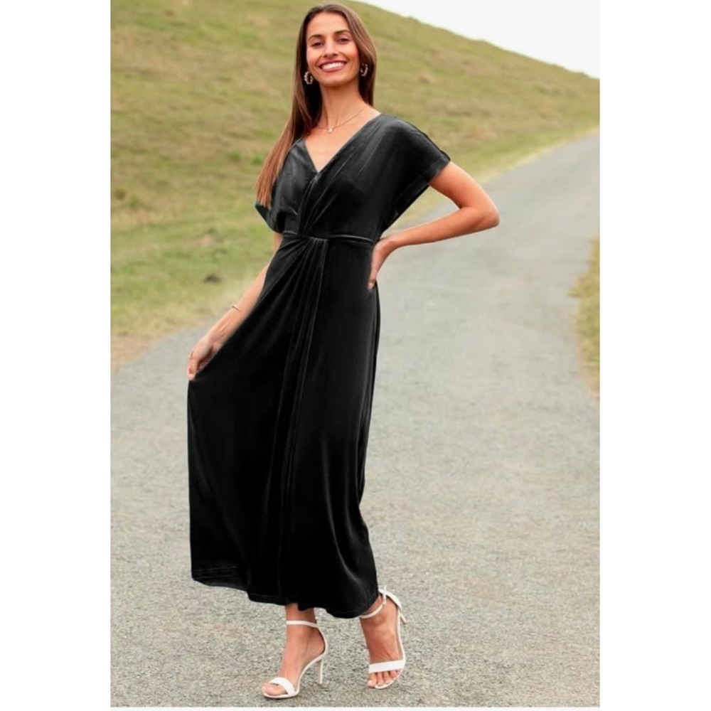 Simplee Black Velvet Maxi Dress V-Neck Elegant Holiday Party Women's Size XL L